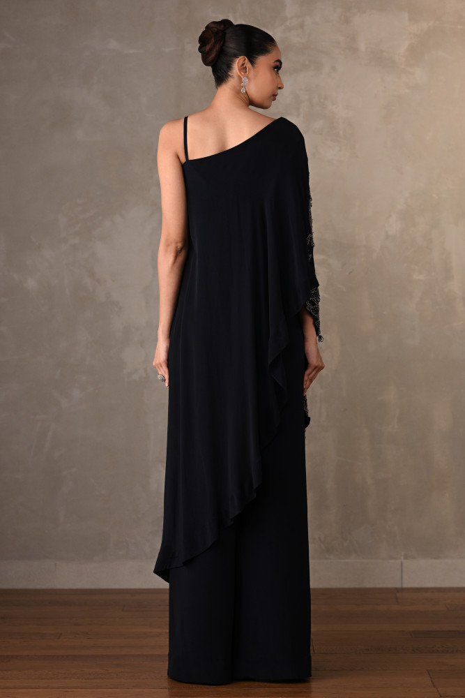 Noir One-Shoulder Crepe Kaftan Set