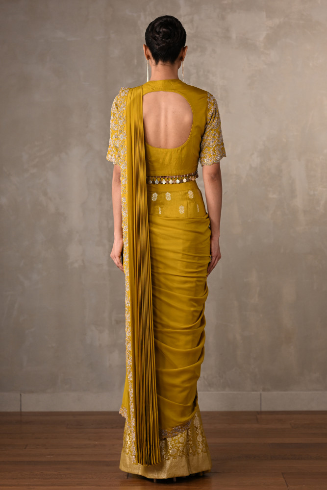 Yellow Embellished Crepe Drape Saree Set