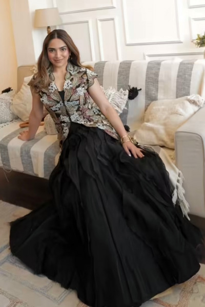 Organza Black Lehenga and sleeveless jacket set