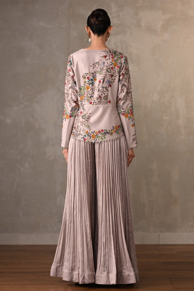 Mauve Bloom Embellished Jacket With Pleated Pants
