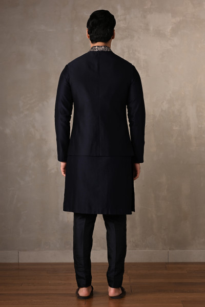 Navy Blue Chanderi Embroidered Bundi Jacket With Kurta Set