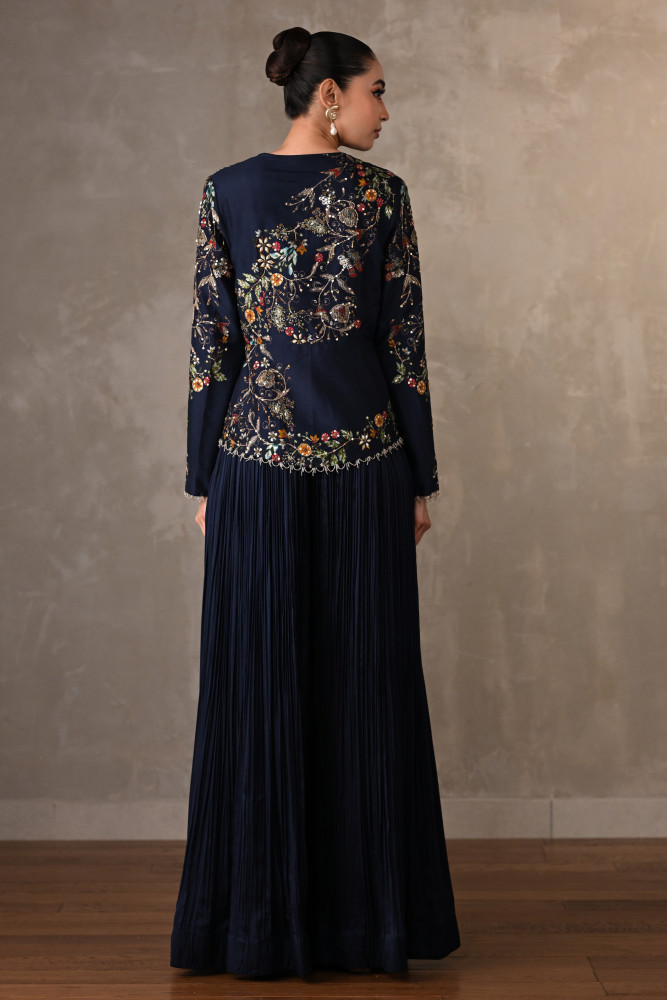Blue Bloom Embellished Jacket With Pleated Pants