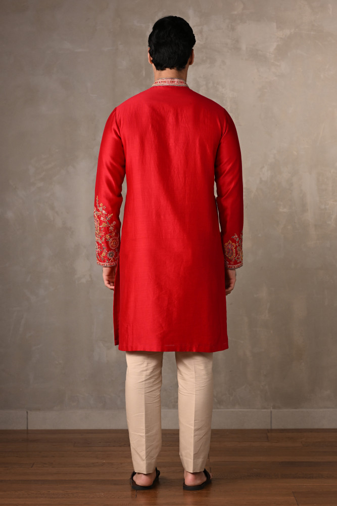 Red Chanderi Embroidered Kurta