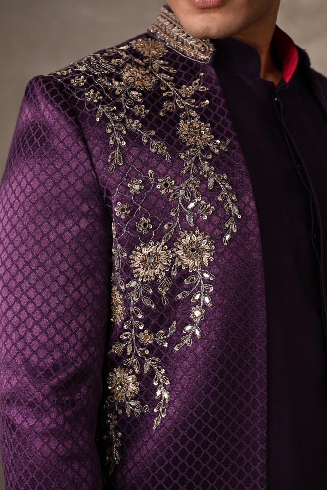 Royal Amethyst Chanderi Silk Open Sherwani Jacket Set