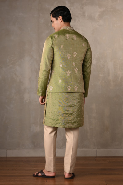Green Tissue Silk Bundi Kurta Set