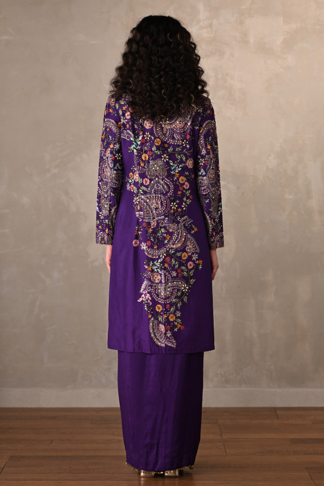 Royal Purple Silk Draped Skirt Set With Embroidered Long Jacket