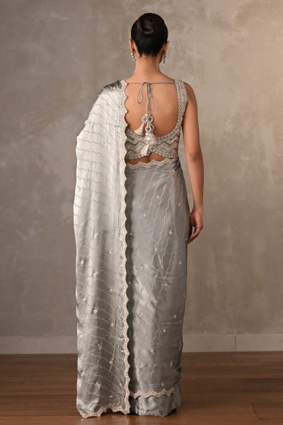 Moonlit Mist Satin Embellished Saree Set