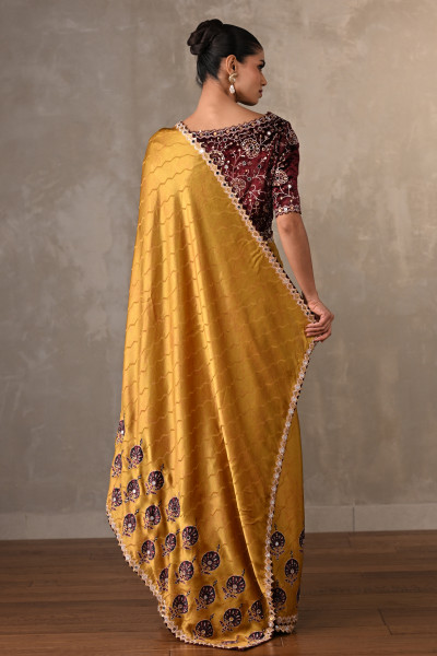 Mustard Satin Mirror Work Saree Set