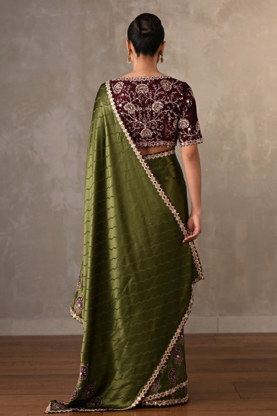 Mehndi Green Satin Mirror Work Saree Set