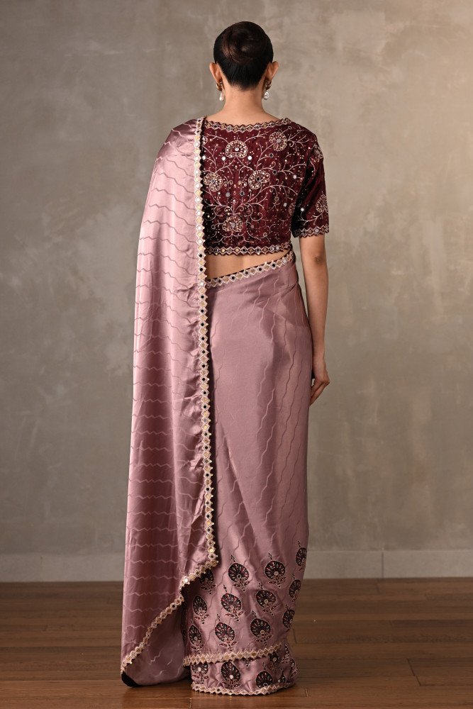 Mauve Satin Mirror Work Saree Set
