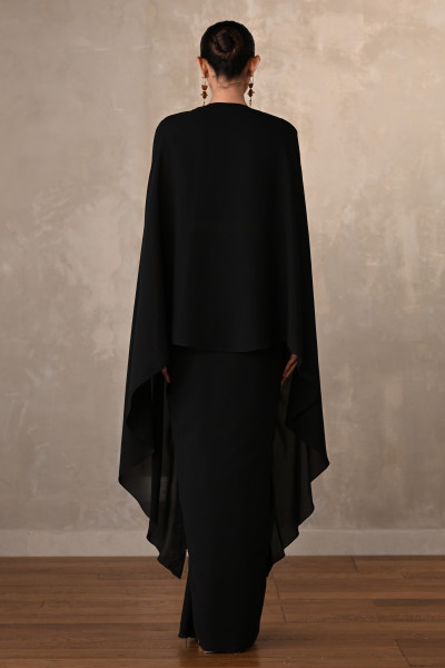 Black Georgette Drape Skirt Set With Embroidered Bralette And Cape