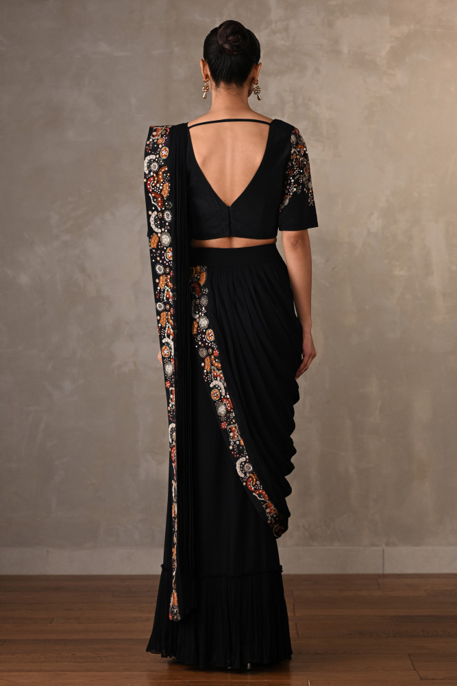 Black Embellished Pre-Stitched Saree Set