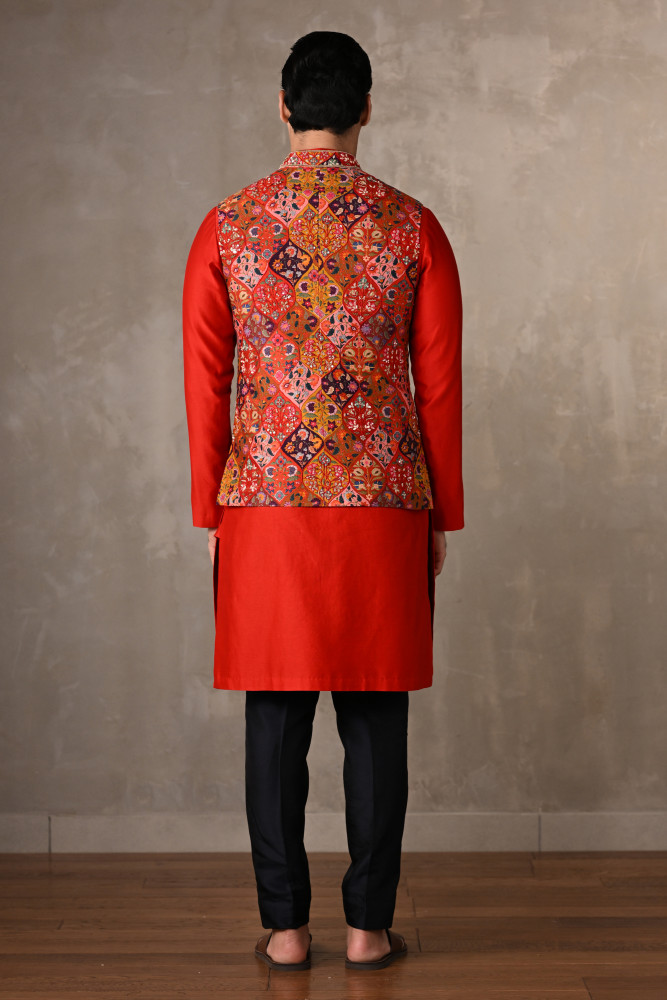 Ruby Red Chanderi Bundi Jacket with Kurta Set