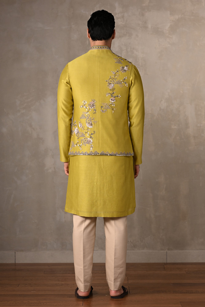Lime Green Chanderi Bundi Jacket with Kurta Set