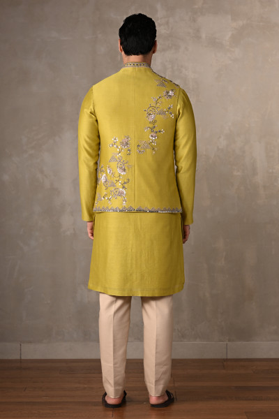 Lime Green Chanderi Bundi Jacket with Kurta Set