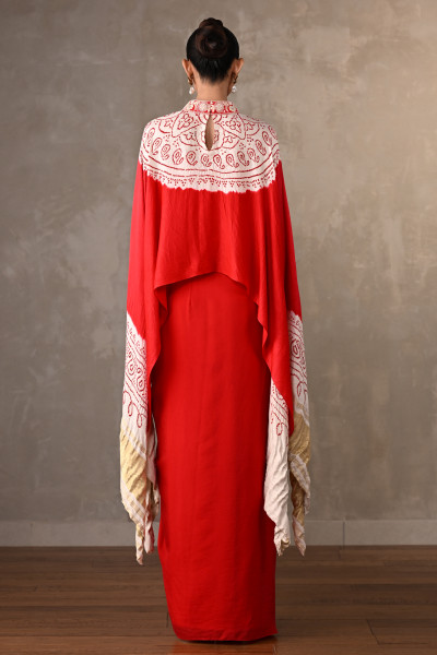 Empress Red Bandhej Silk Cape Co-Ord Set