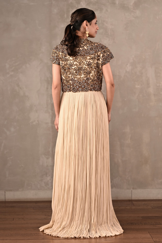 Off-White Embroidered Drape Gown Set