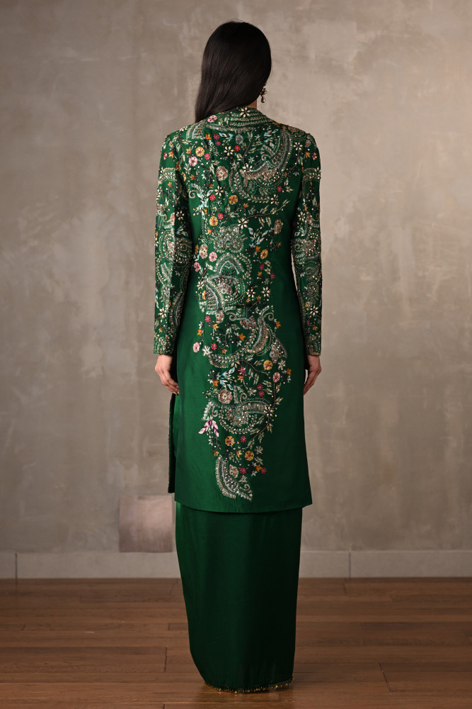 Green Silk Draped Skirt Set With Embroidered Long Jacket
