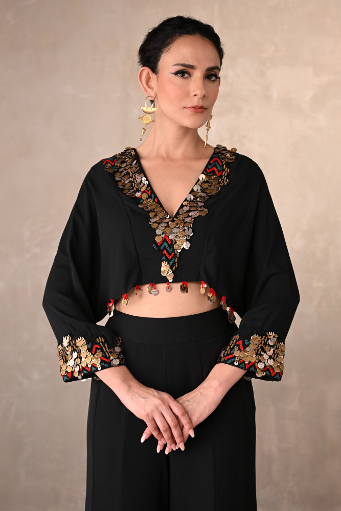Black Georgette Embroidered Crop Top With Wide-Leg Trousers