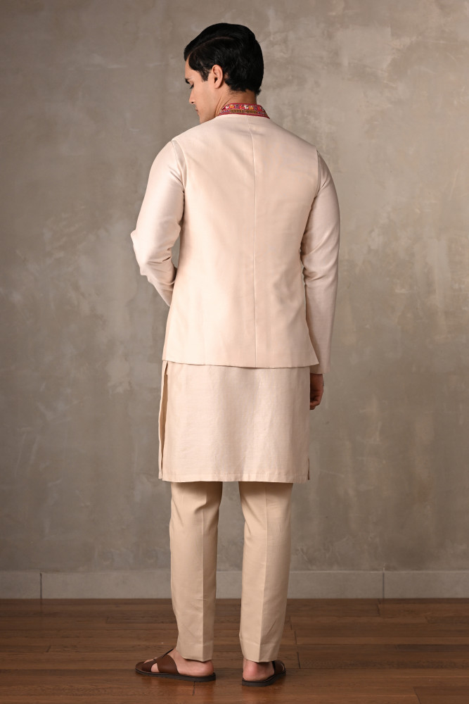 Ivory Chanderi Hand-Embroidered Bundi Jacket With Kurta Set