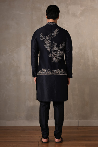 Navy Blue Embroidered Bundi Kurta Set