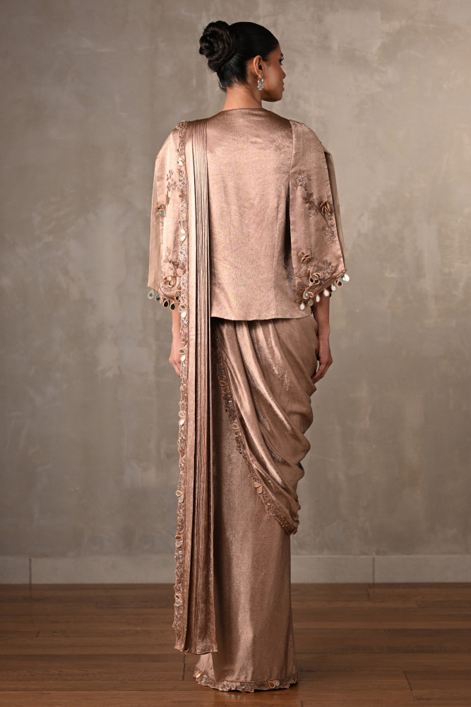 Dusty Beige Embellished Satin Drape Gown With Jacket