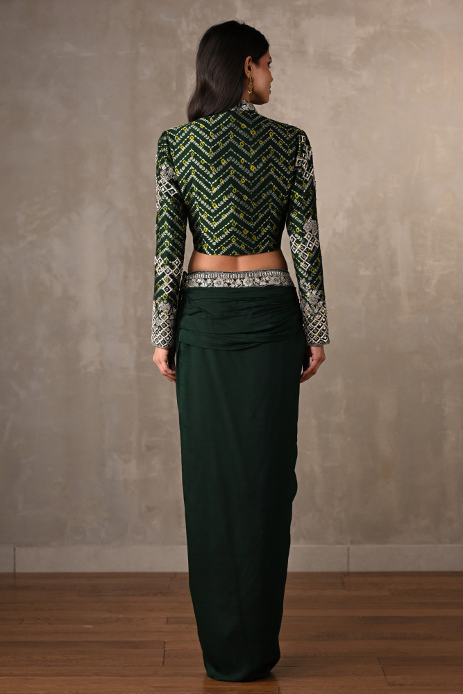 Emerald Embellished Jacket & Draped Skirt Set