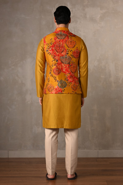 Yellow–Multicolour Chanderi Bundi Jacket with Kurta Set