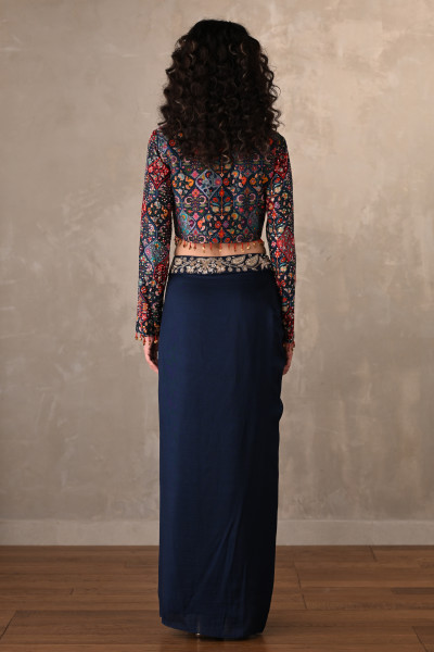 Navy Draped Silk Skirt With Multicolor Embroidered Jacket