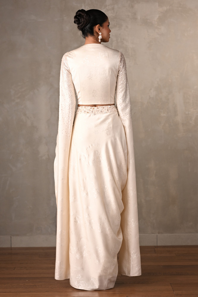 Ethereal Off-White Satin Cape Top & Draped Skirt Set
