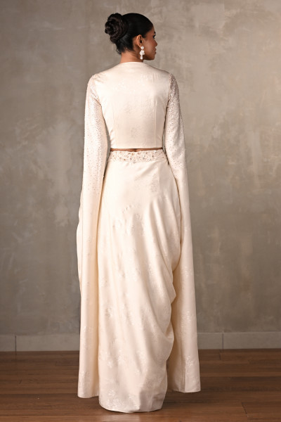 Ethereal Off-White Satin Cape Top & Draped Skirt Set
