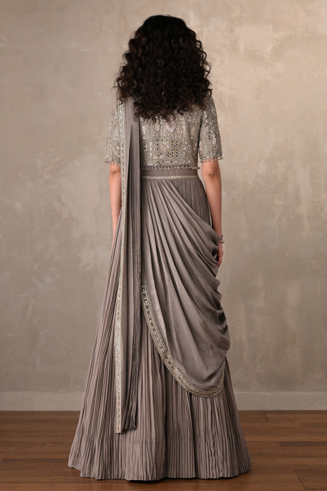 Embroidered Crepe Draped Gown With Pleated Skirt
