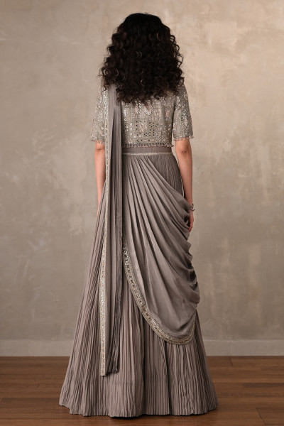 Embroidered Crepe Draped Gown With Pleated Skirt