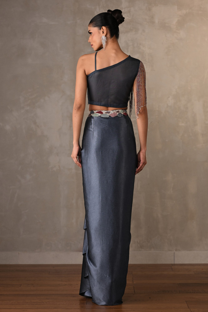 Blue Embellished Asymmetric Satin Co-Ord Set