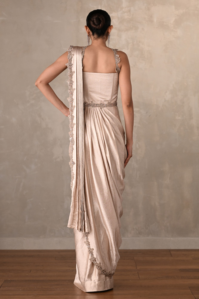 Champagne Gold Satin Draped Gown With Embellished Corset