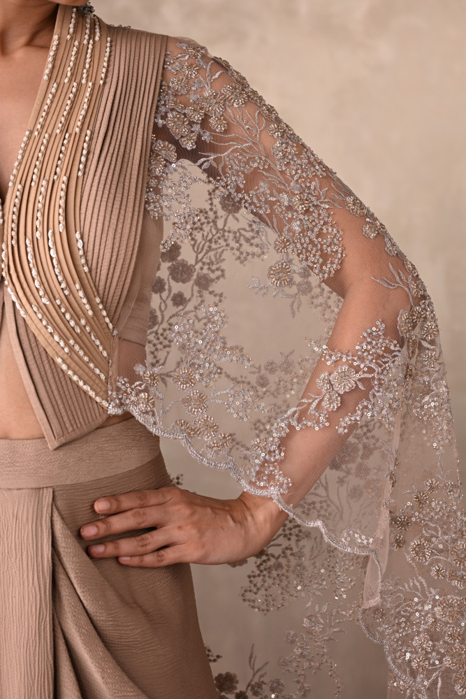 Champagne Satin Draped Skirt with Structured Sheer Cape