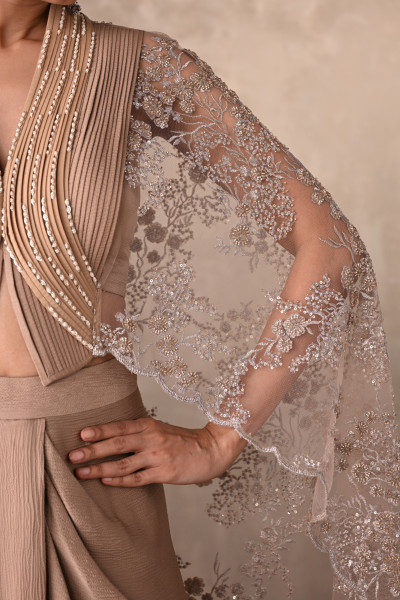 Champagne Satin Draped Skirt with Structured Sheer Cape