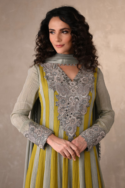 Olive & Sage Striped Organza Crush Anarkali With Silver Embroidery