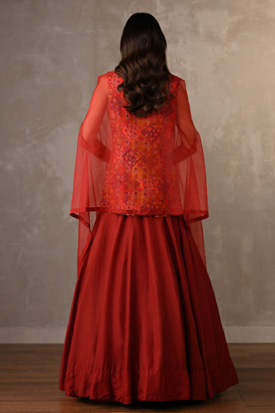 Red Multicolour Threadwork Embroidered Lehenga Set