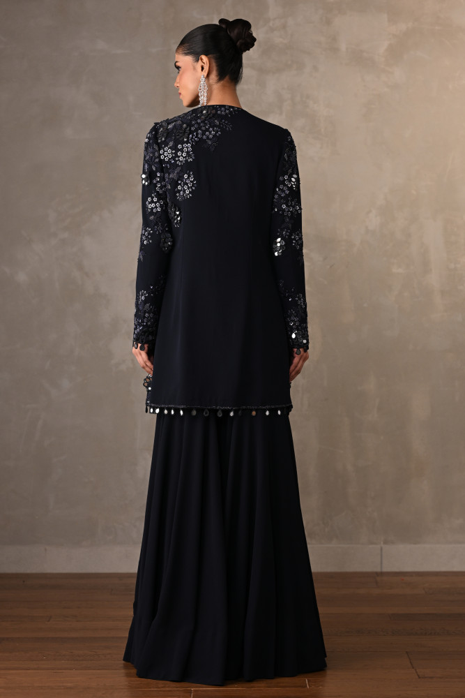 Navy Blue Georgette Embellished Top With Wide-Leg Pants