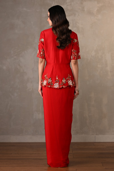 Red Threadwork Peplum Set
