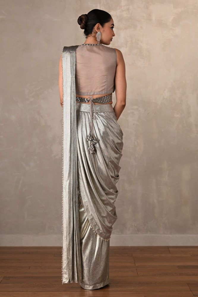 Celestia Silver Lycra Drape Saree