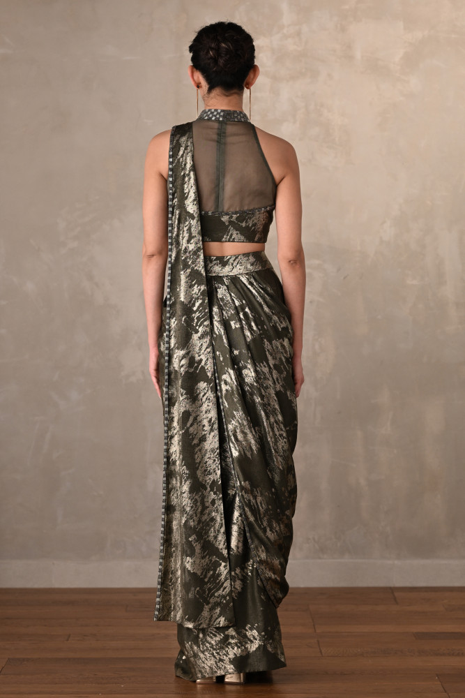 Olive Lustre Foil Drape Saree