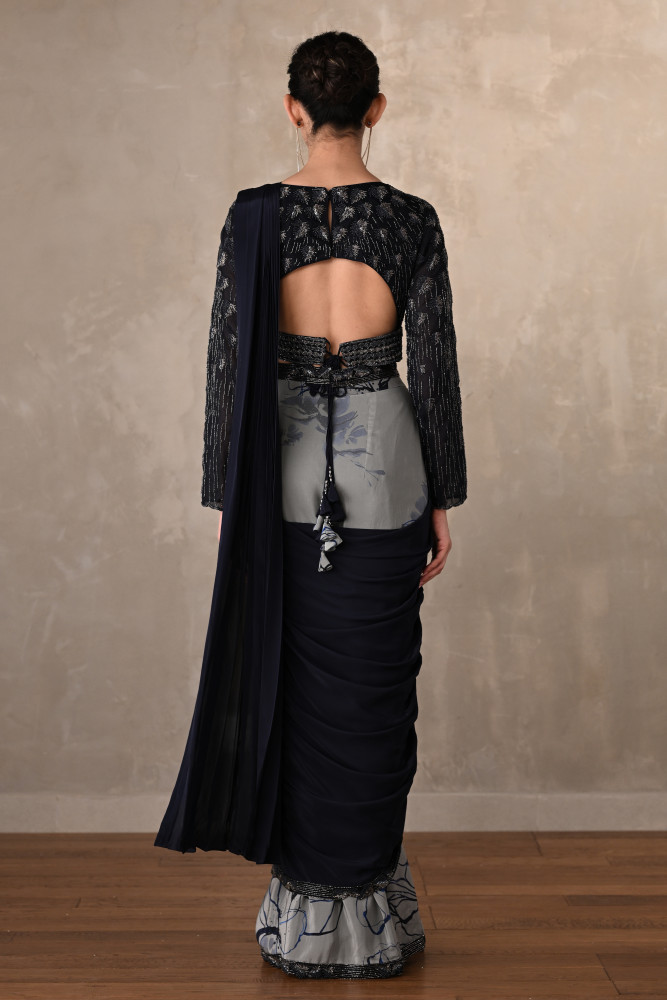 Noir Bloom Belted Crepe Drape Saree