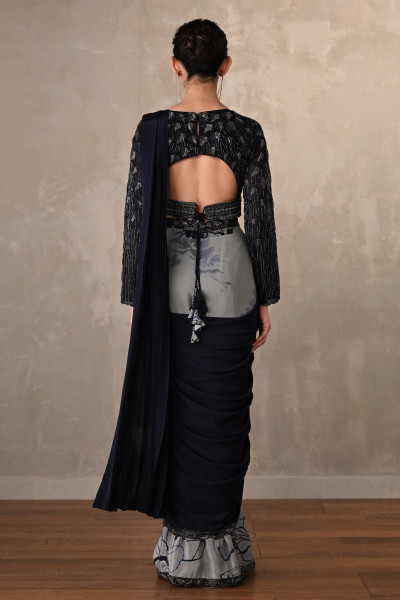 Noir Bloom Belted Crepe Drape Saree