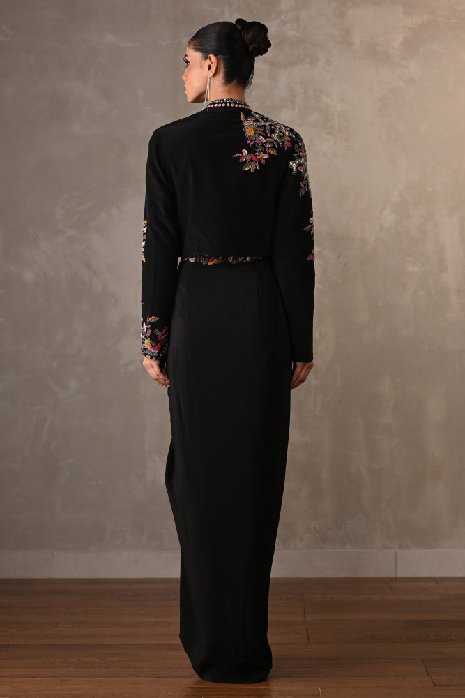 Noir Bloom Embellished Crepe Draped Skirt Set