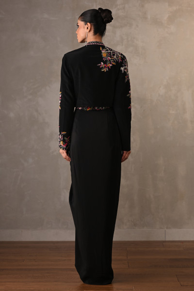 Noir Bloom Embellished Crepe Draped Skirt Set