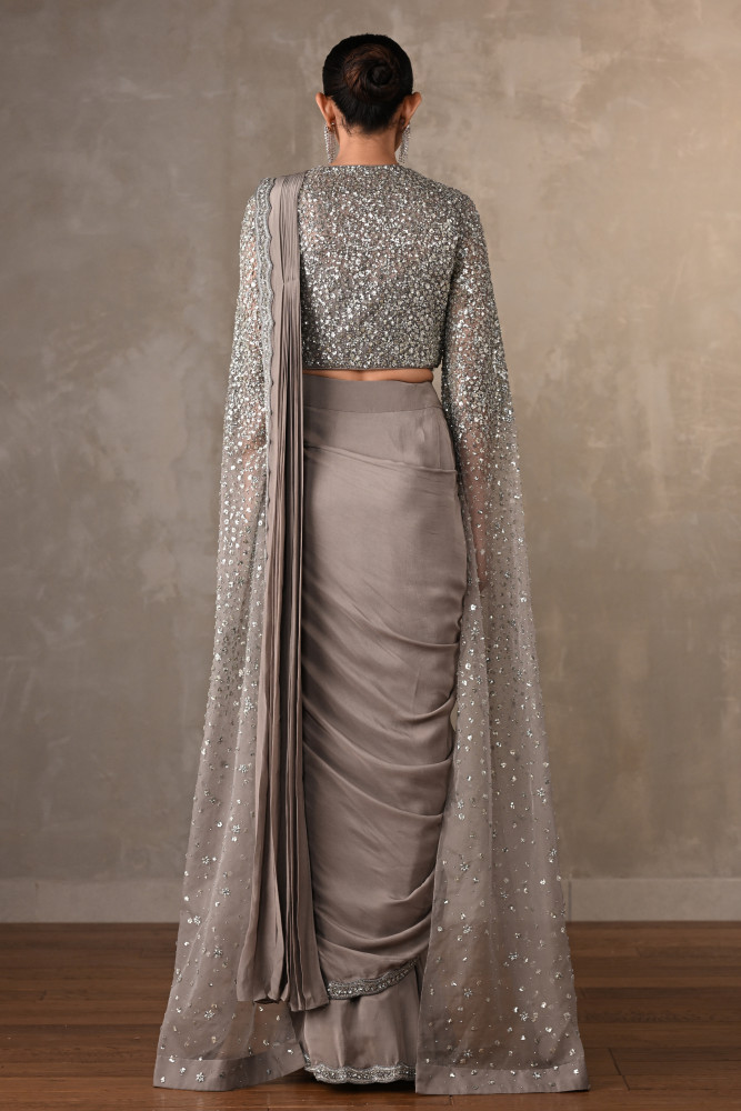 Starlit Silver Drape Saree Set