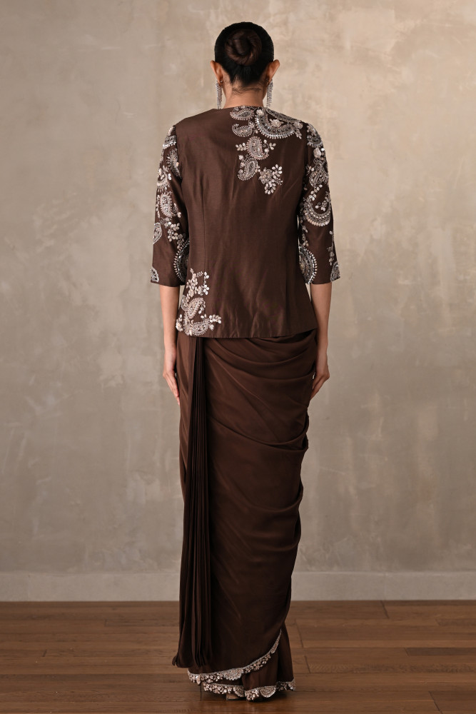 Smoky Crepe Drape Saree With Embroidered Jacket