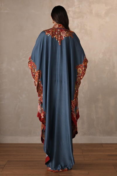 Blue Embroidered Kaftan Shirt & Drape Pant Co-Ord Set